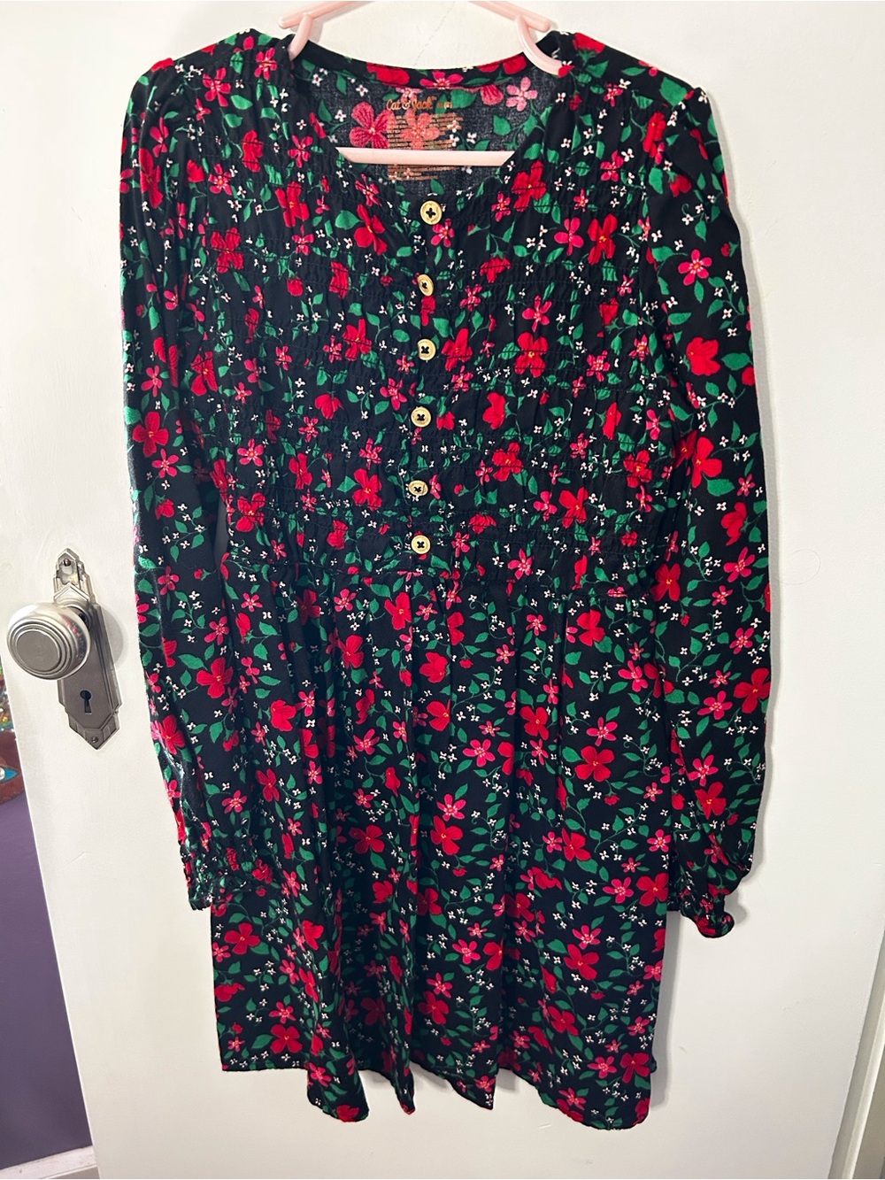 Cat & Jack Black Long-Sleeve Dress with Red & Green Floral Print